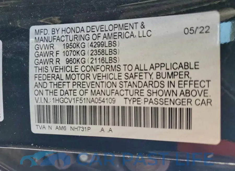 1HGCV1F51NA054109# 13