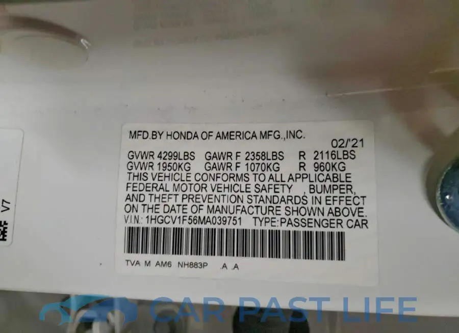 1HGCV1F56MA039751# 12