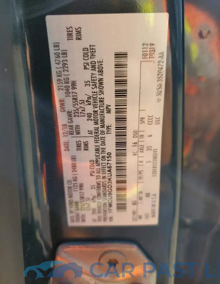 1FMCU9GD3KUA67150# 13