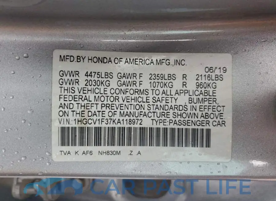 1HGCV1F37KA118972# 12