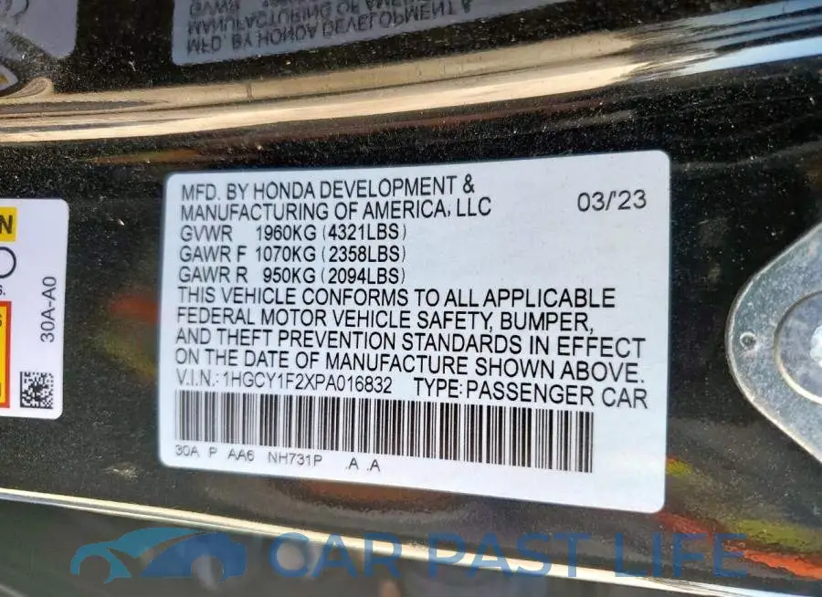 1HGCY1F2XPA016832# 12