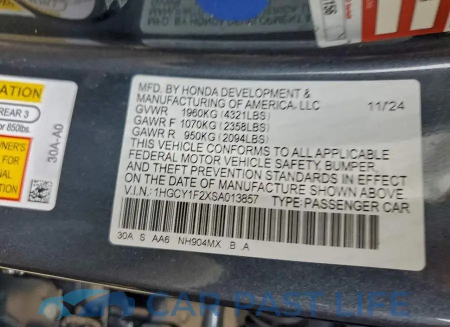 1HGCY1F2XSA013857# 13