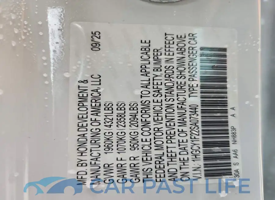 1HGCY1F22SA073440# 12