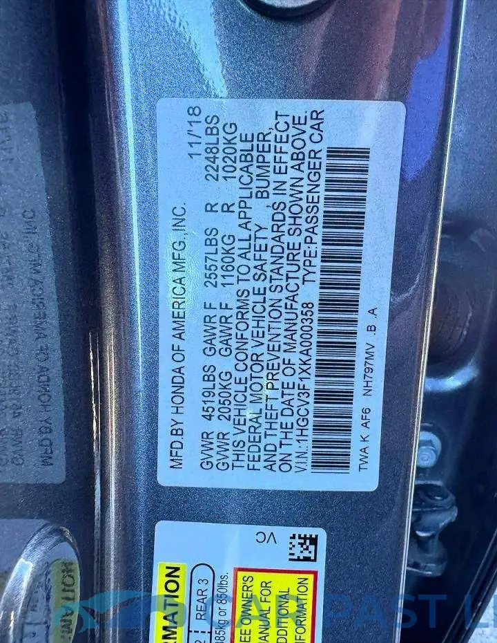 1HGCV3F1XKA000358# 10
