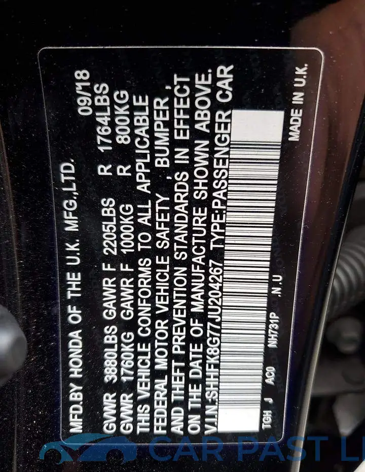 SHHFK8G77JU204267# 12