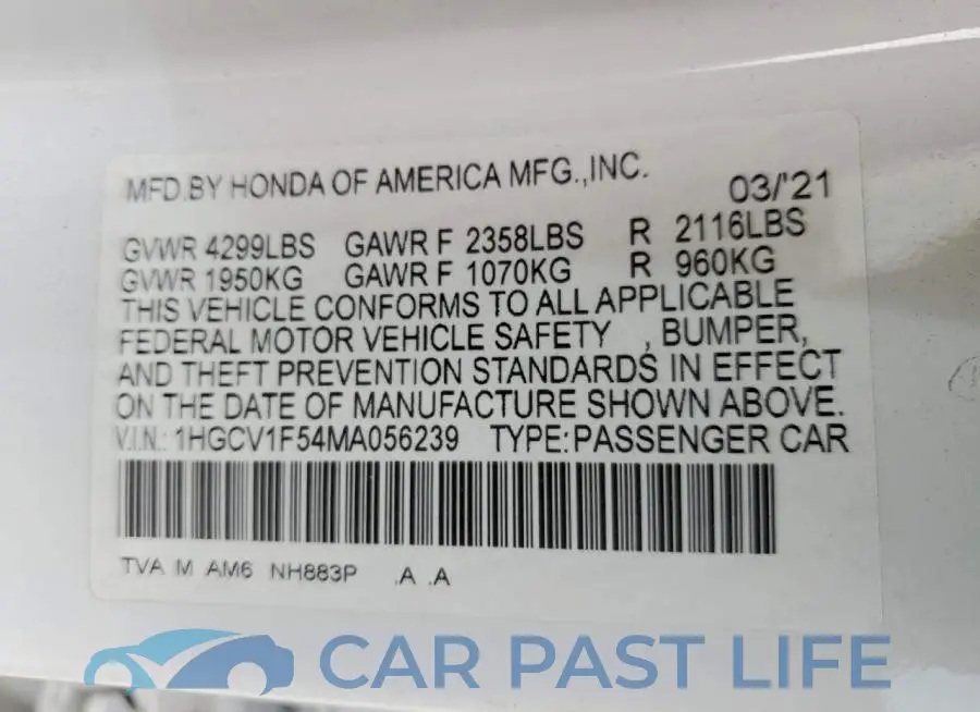 1HGCV1F54MA056239# 12