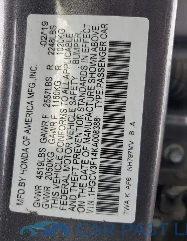 1HGCV3F14KA008388# 13