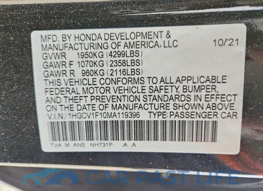1HGCV1F10MA119396# 12