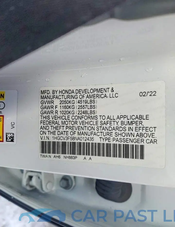 1HGCV3F58NA012435# 12