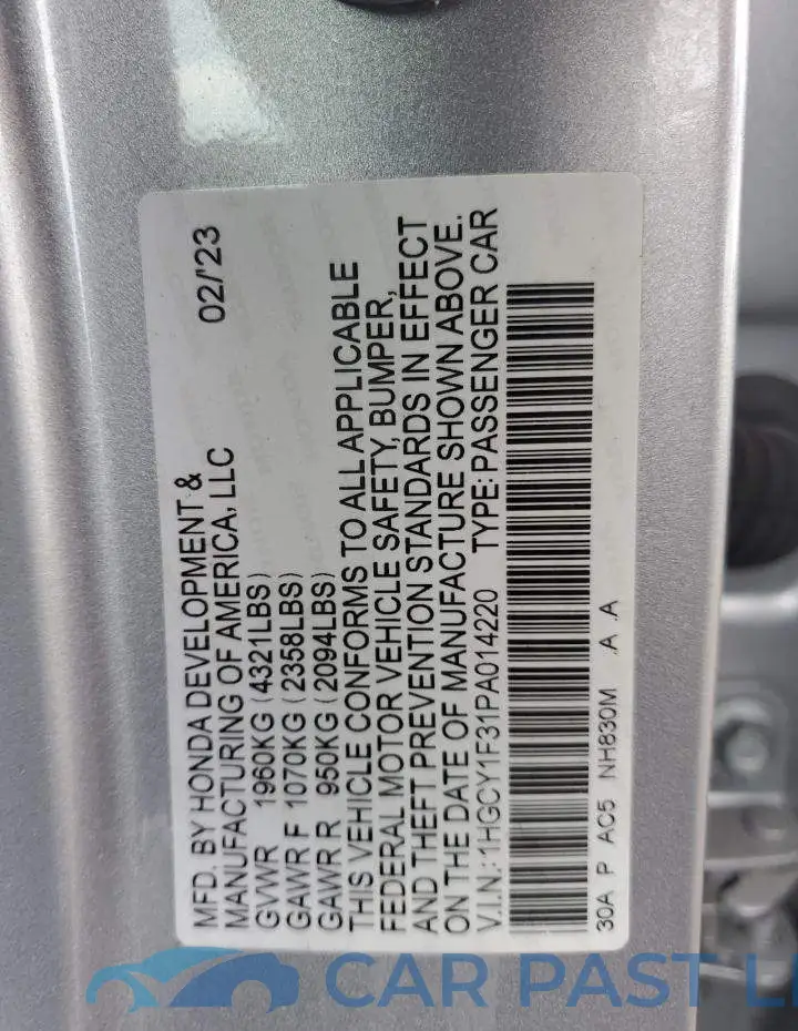 1HGCY1F31PA014220# 12