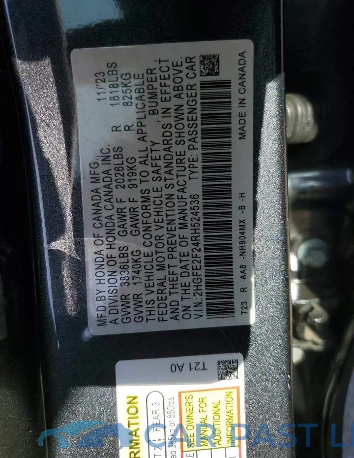 2HGFE2F24RH524536# 12