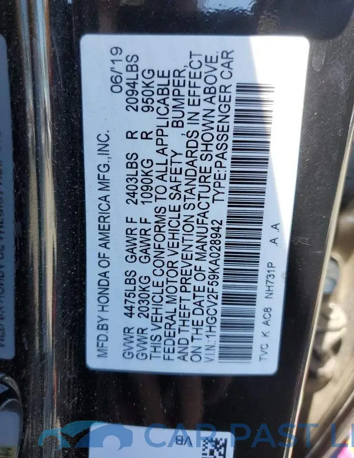 1HGCV2F59KA028942# 12