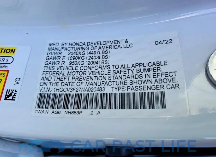 1HGCV3F27NA020483# 12