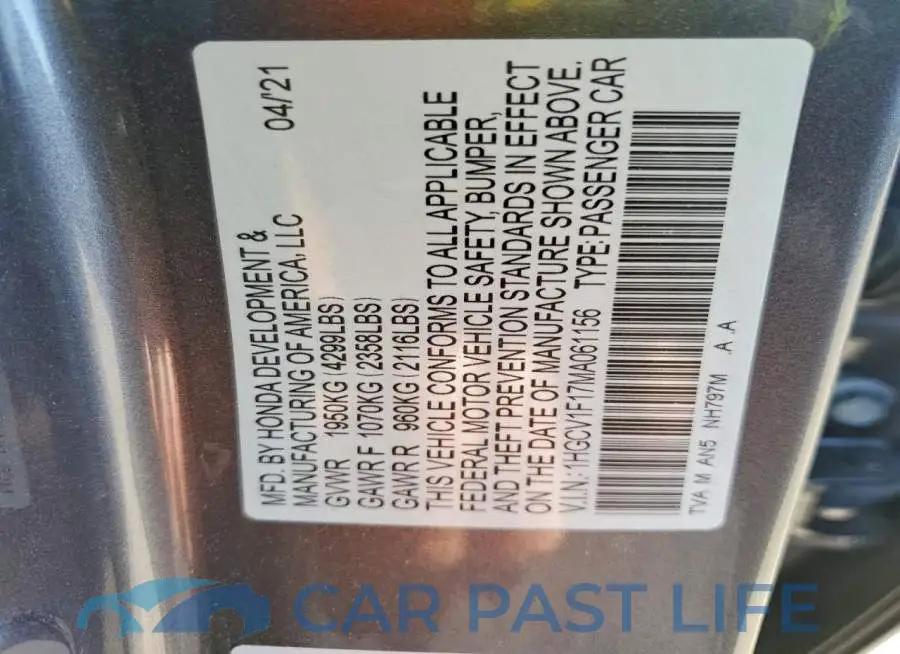 1HGCV1F17MA061156# 12