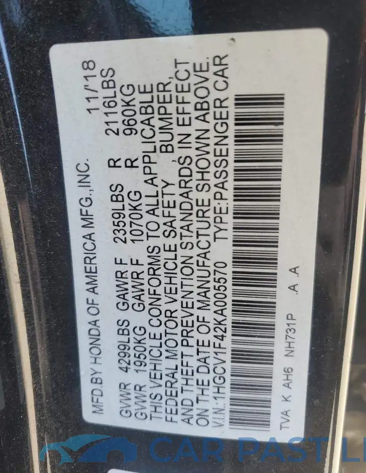 1HGCV1F42KA005570# 13