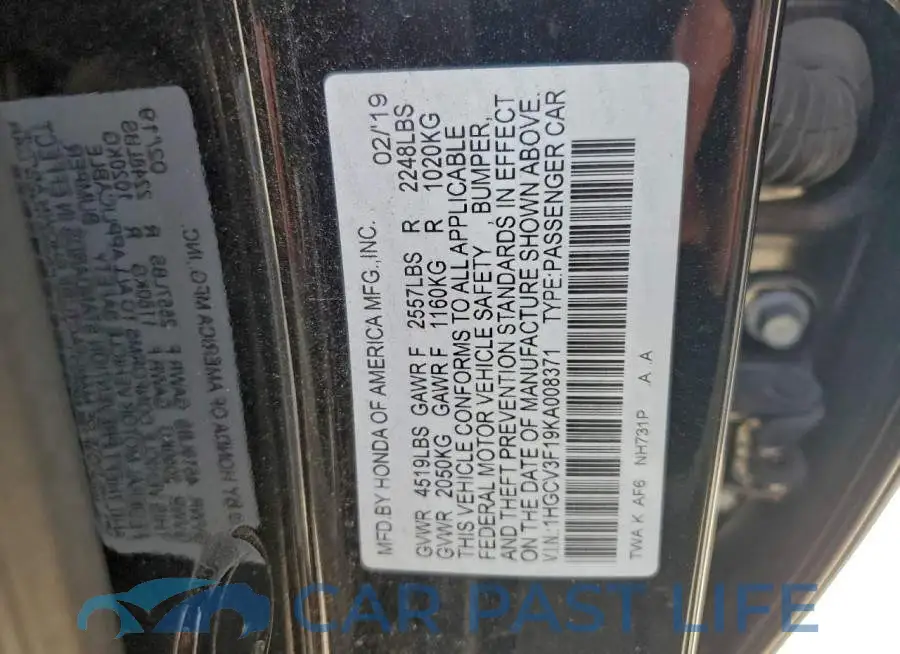 1HGCV3F19KA008371# 12