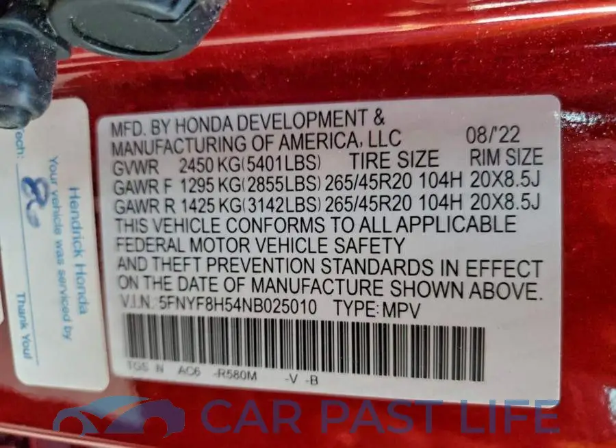 5FNYF8H54NB025010# 13