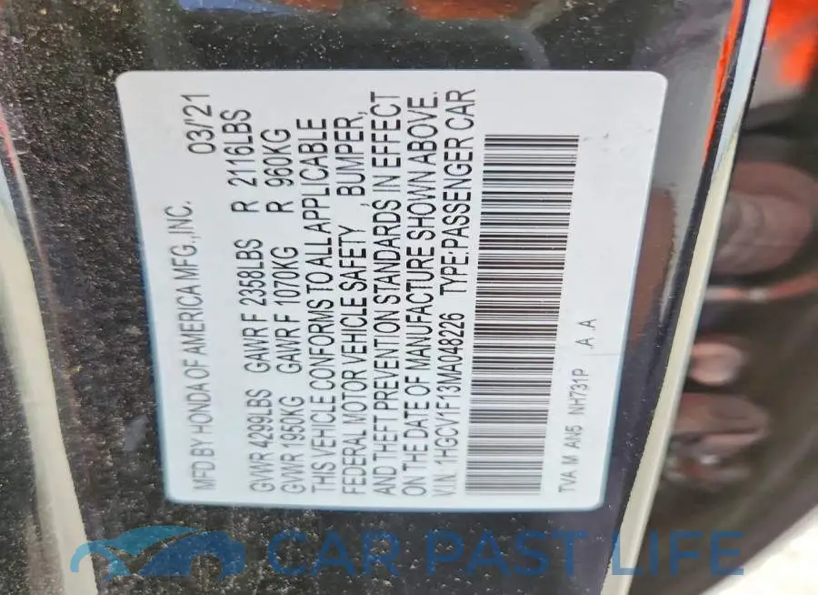 1HGCV1F13MA048226# 12