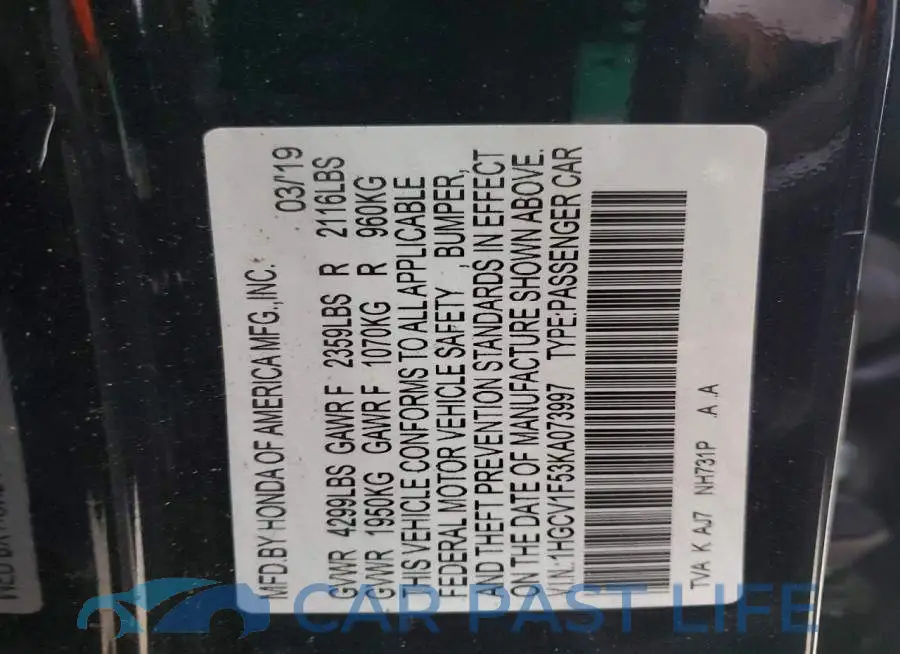 1HGCV1F53KA073997# 12