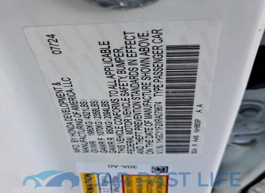 1HGCY1F2XRA079674# 12