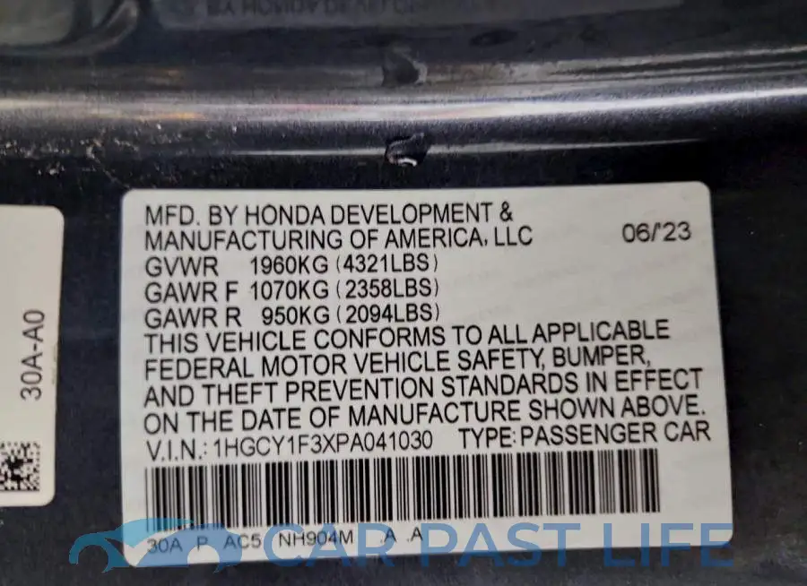 1HGCY1F3XPA041030# 12