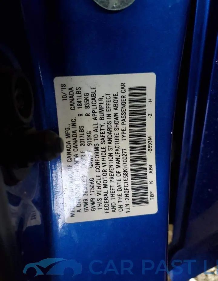 2HGFC1E58KH700277# 12