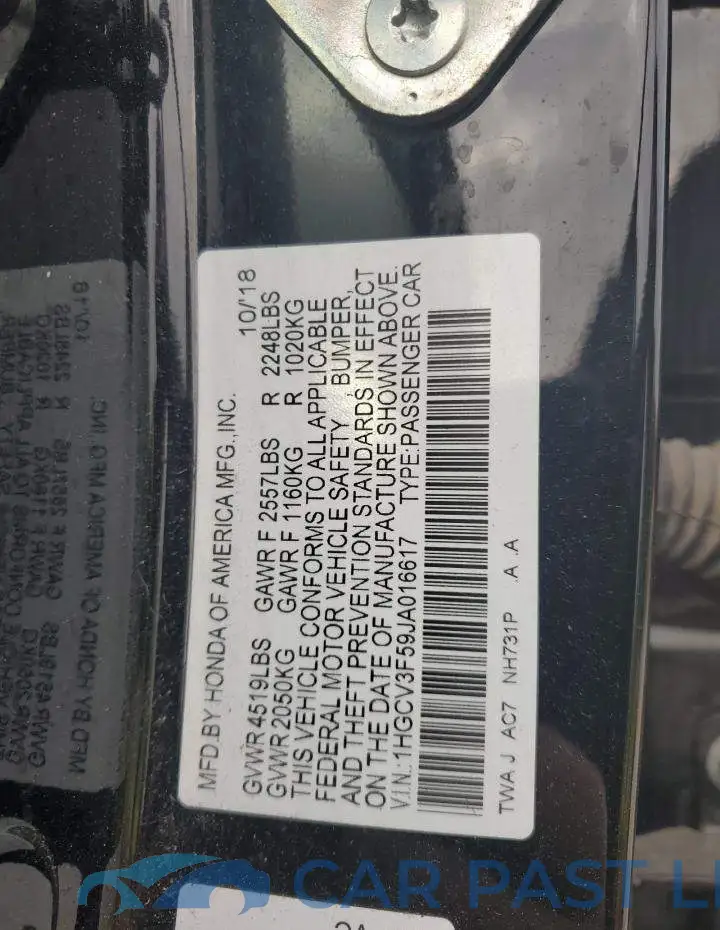 1HGCV3F59JA016617# 12
