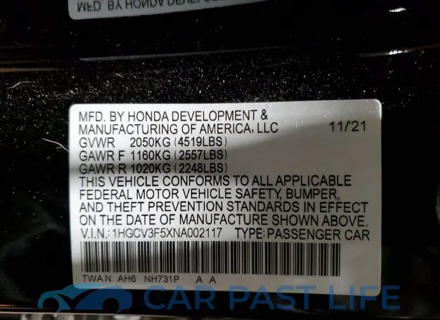1HGCV3F5XNA002117# 12