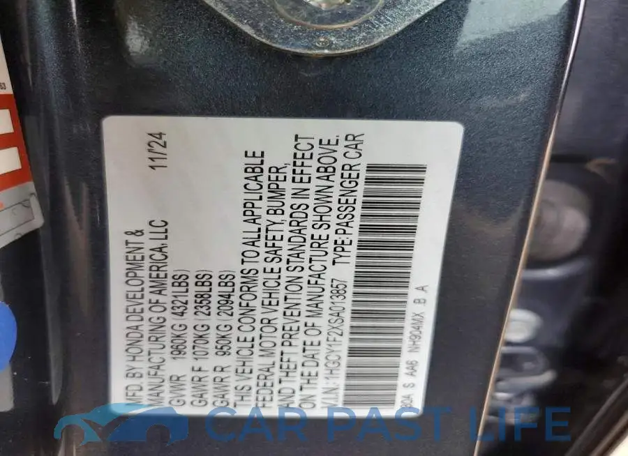 1HGCY1F2XSA013857# 12