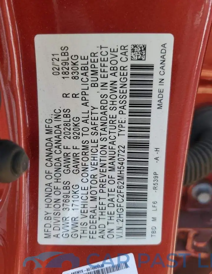 2HGFC2F62MH540722# 13