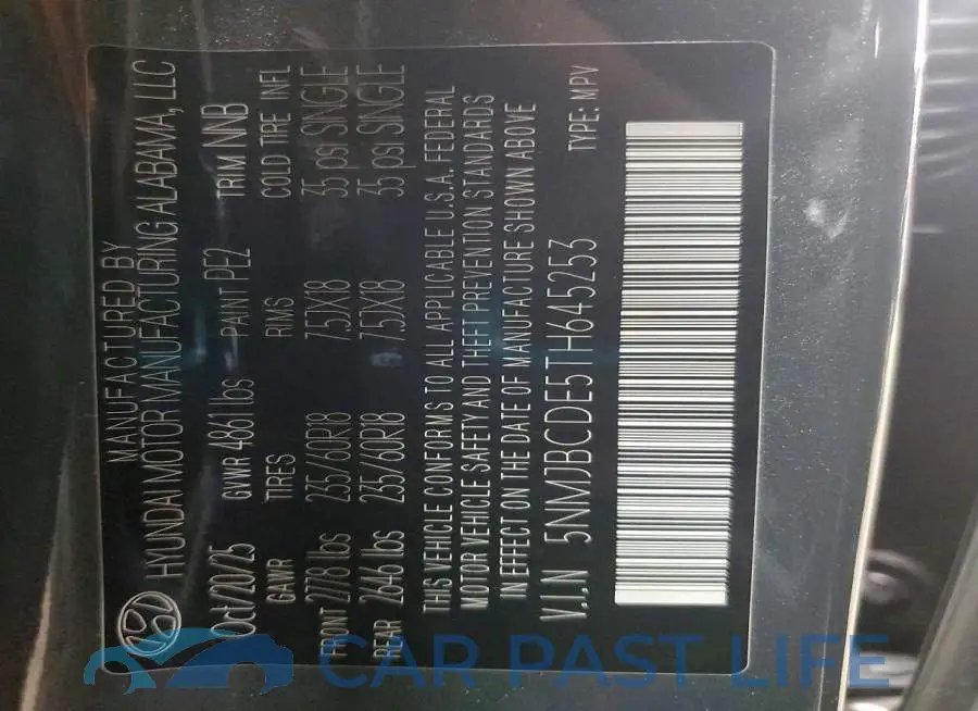5NMJBCDE5TH645253# 12