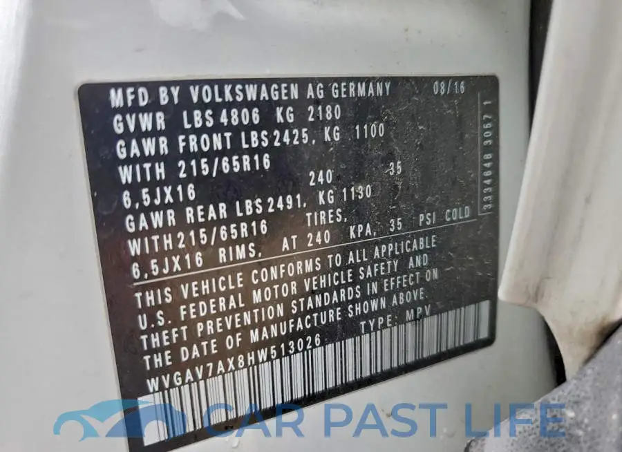 WVGAV7AX8HW513026# 14