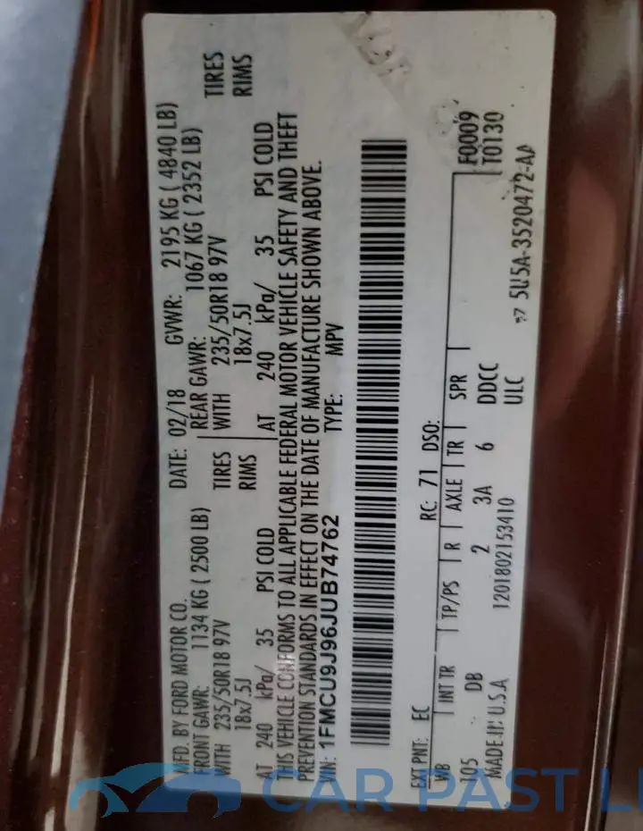 1FMCU9J96JUB74762# 14