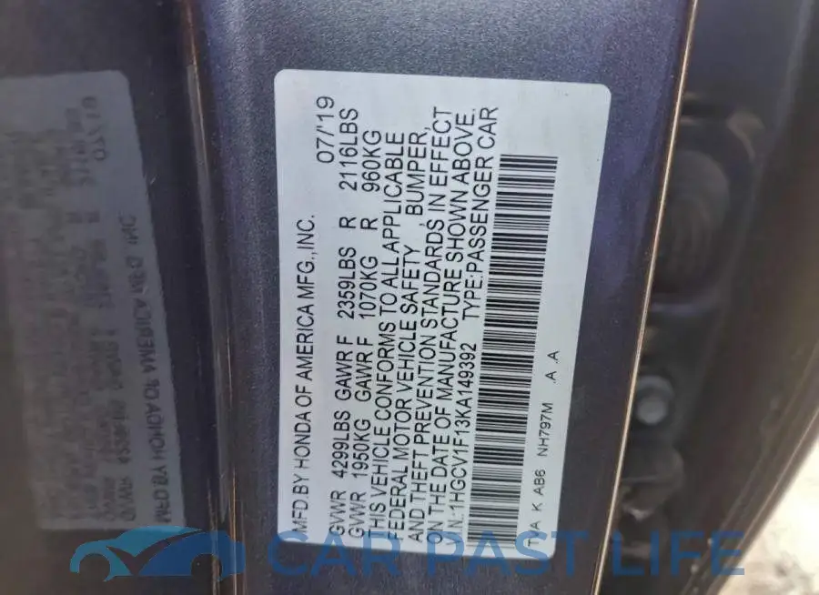 1HGCV1F13KA149392# 12