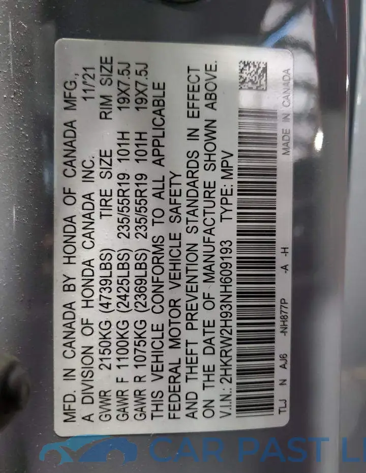 2HKRW2H93NH609193# 13