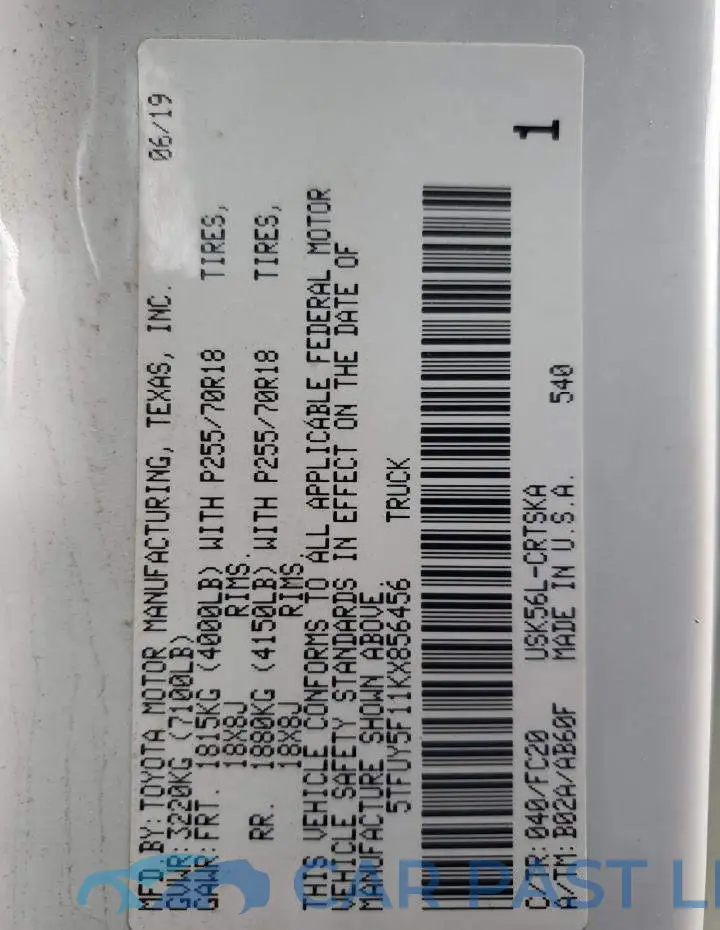 5TFUY5F11KX856456# 12