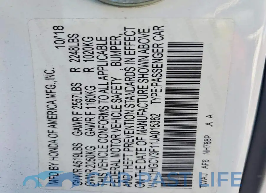 1HGCV3F11JA015362# 13
