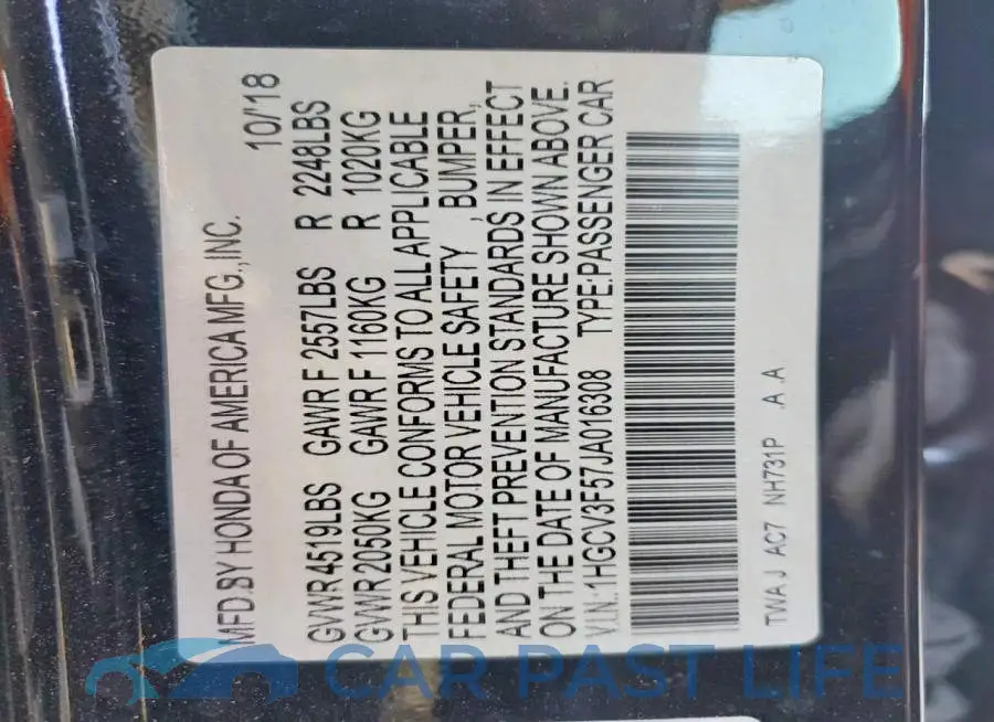 1HGCV3F57JA016308# 13