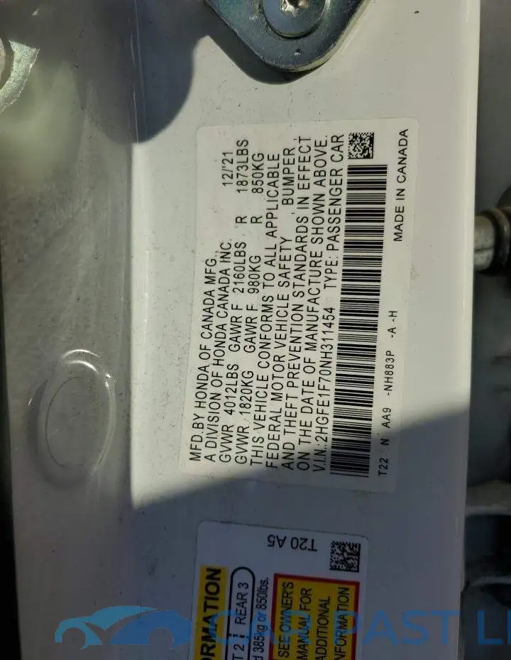 2HGFE1F70NH311454# 12