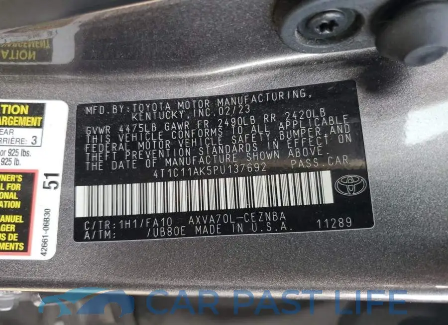 4T1C11AK5PU137692# 13
