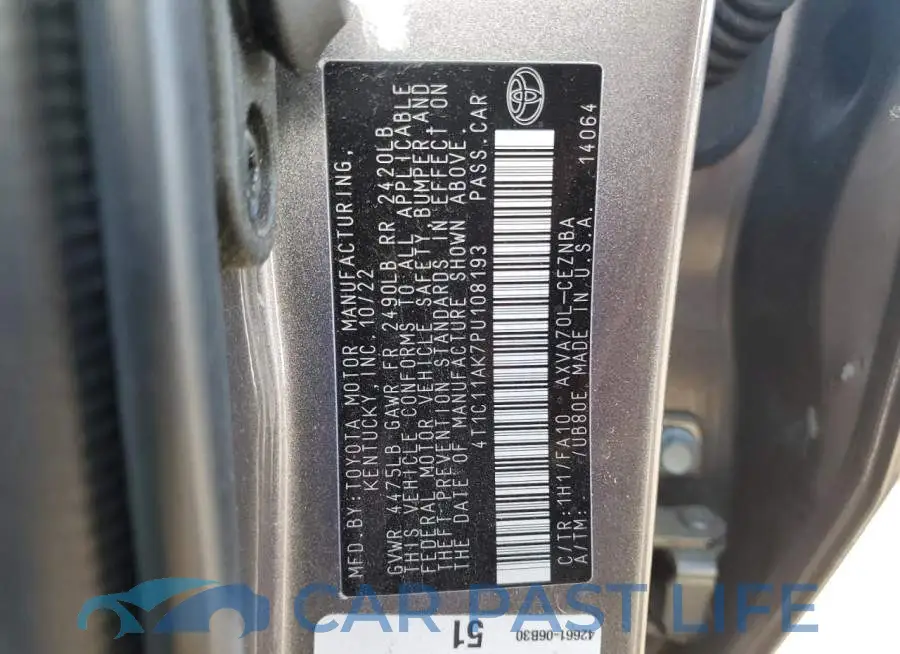 4T1C11AK7PU108193# 12