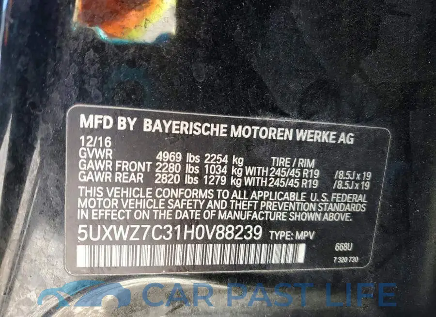 5UXWZ7C31H0V88239# 12