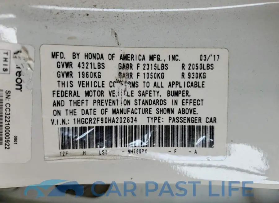 1HGCR2F90HA202834# 12
