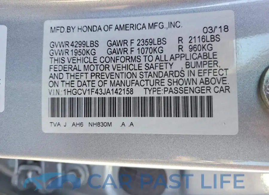 1HGCV1F43JA142158# 12