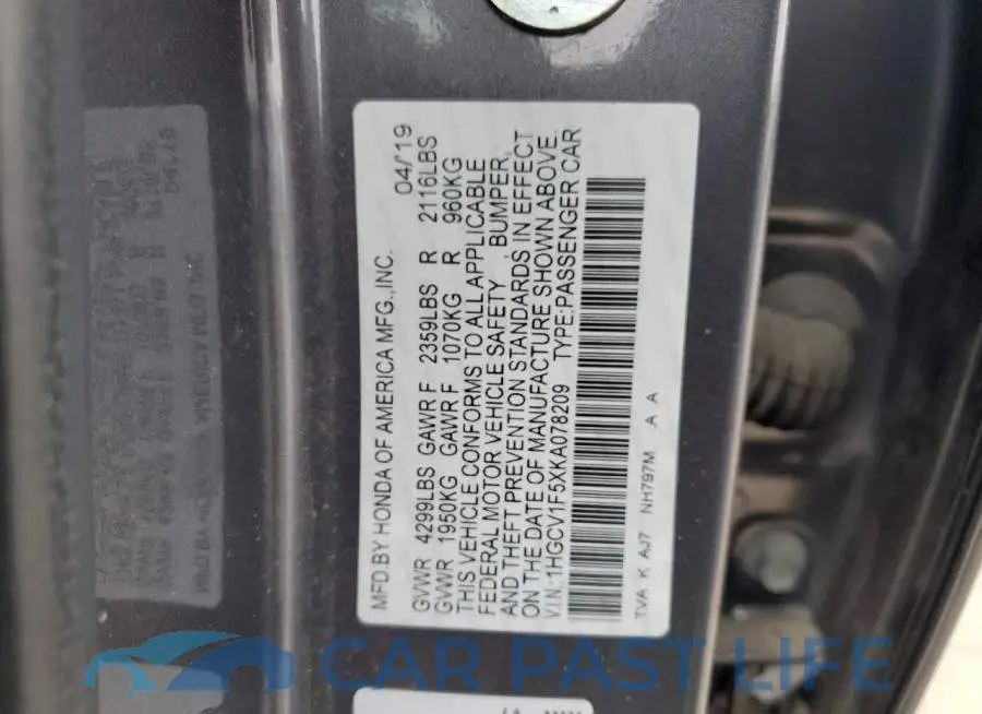 1HGCV1F5XKA078209# 12