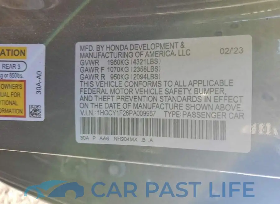 1HGCY1F26PA009957# 12