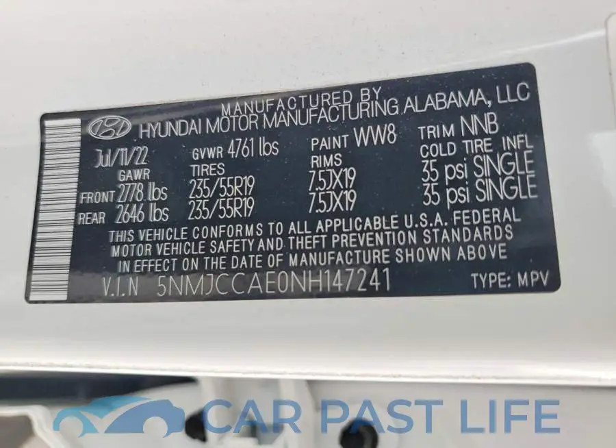 5NMJCCAE0NH147241# 13
