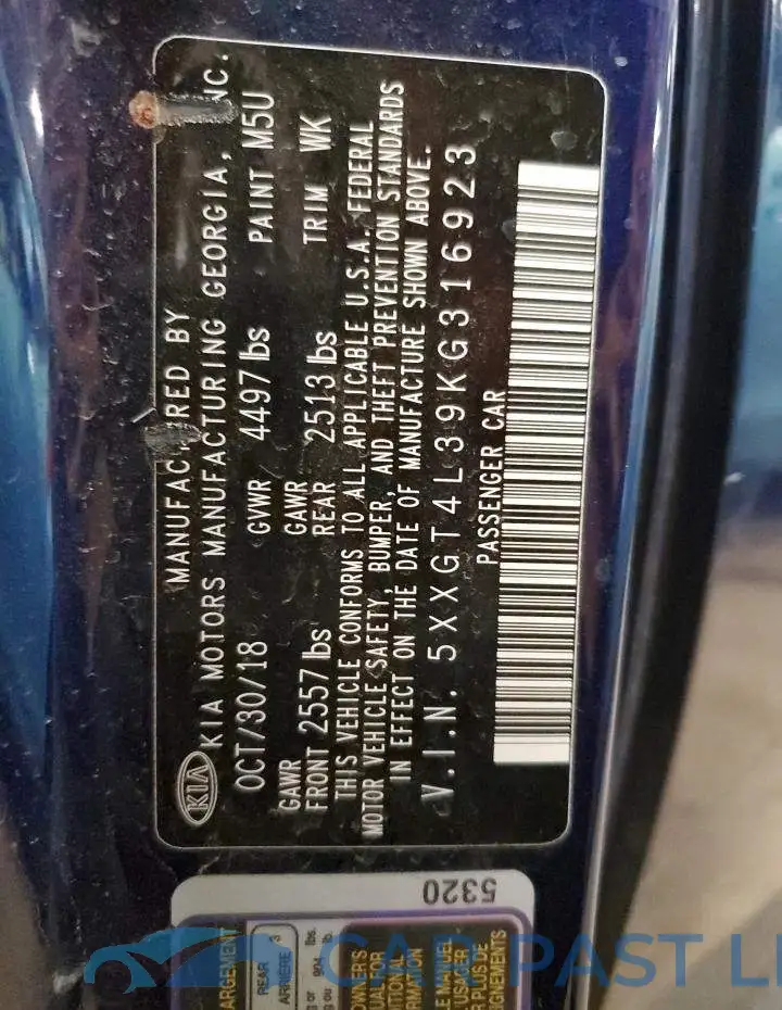 5XXGT4L39KG316923# 12
