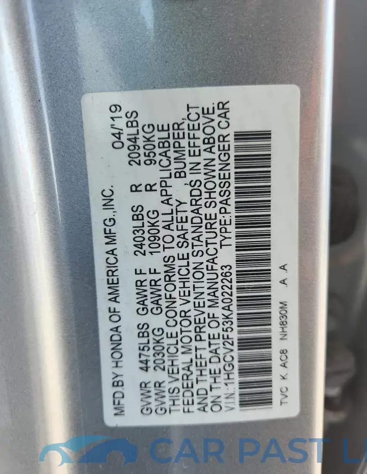 1HGCV2F53KA022263# 12