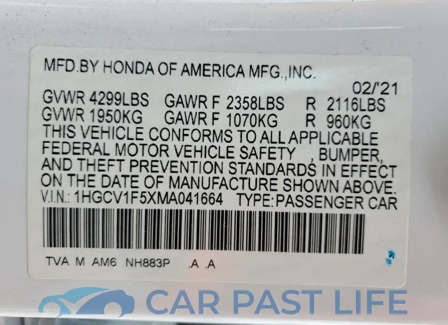 1HGCV1F5XMA041664# 12